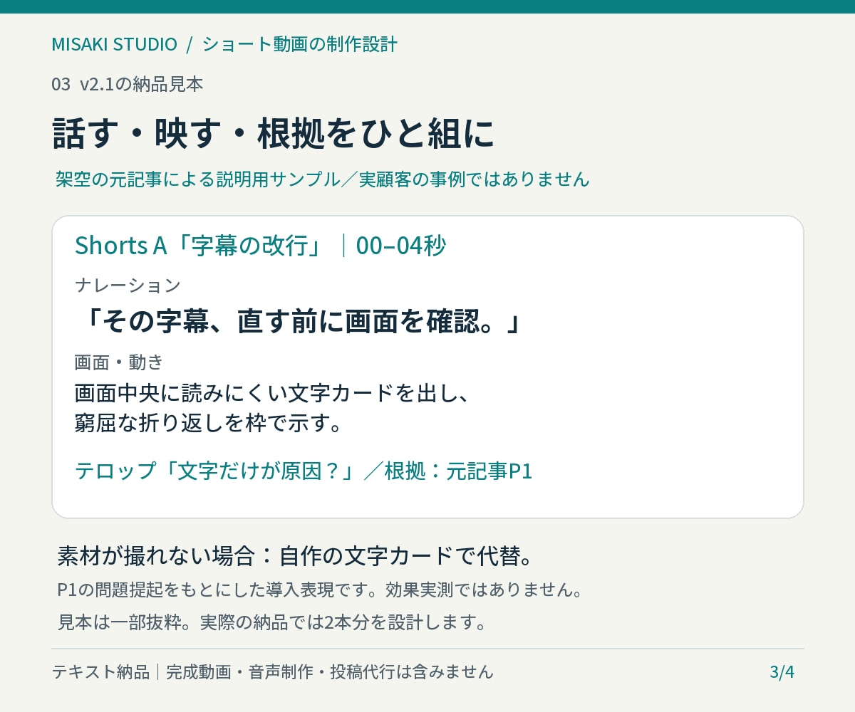 記事を撮影できるショート台本2本に編集します 台詞・撮影指示・素材の代替・根拠まで設計 イメージ3