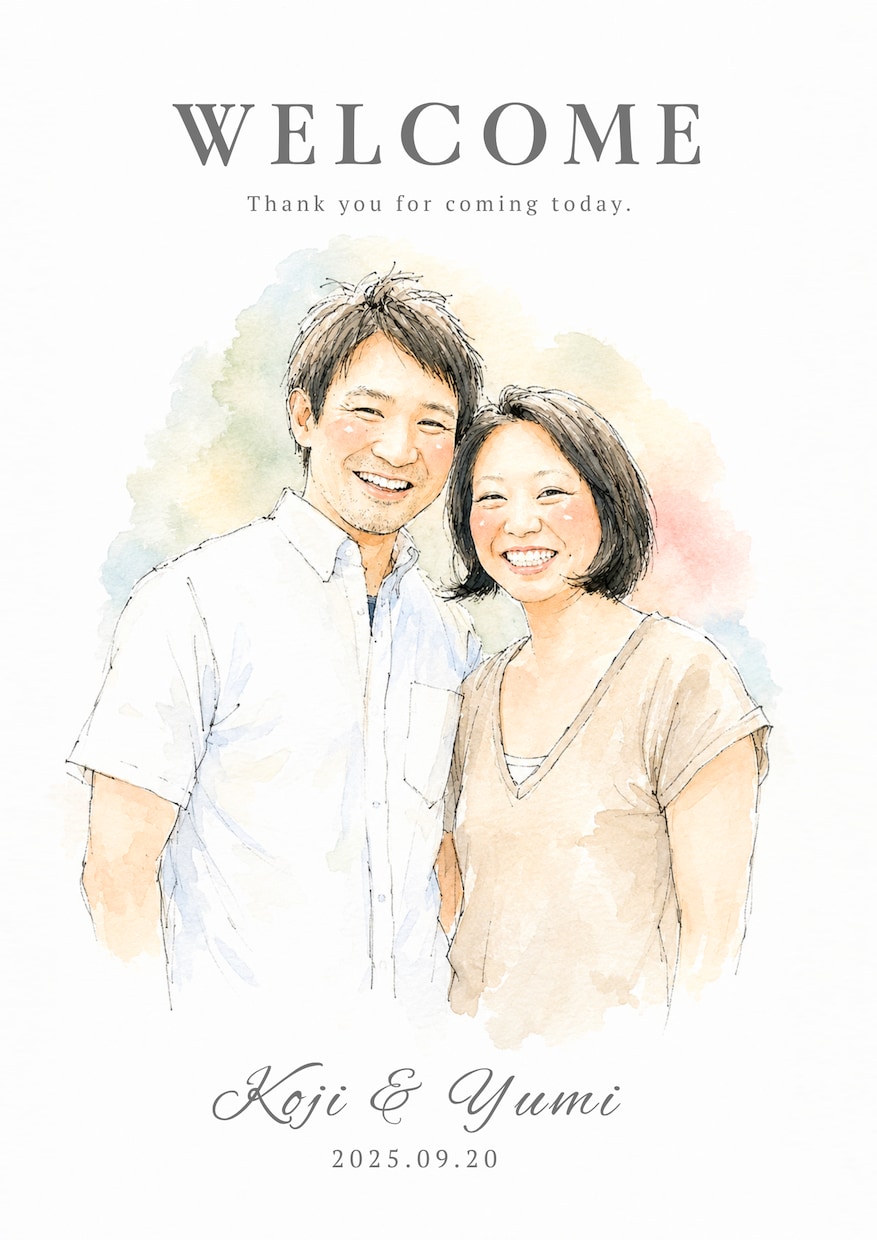 上品でオシャレな似顔絵ウェルカムボードを作成します 背景/文字入れ/構図など幅広い要望に対応♥お急ぎも可◎ イメージ7