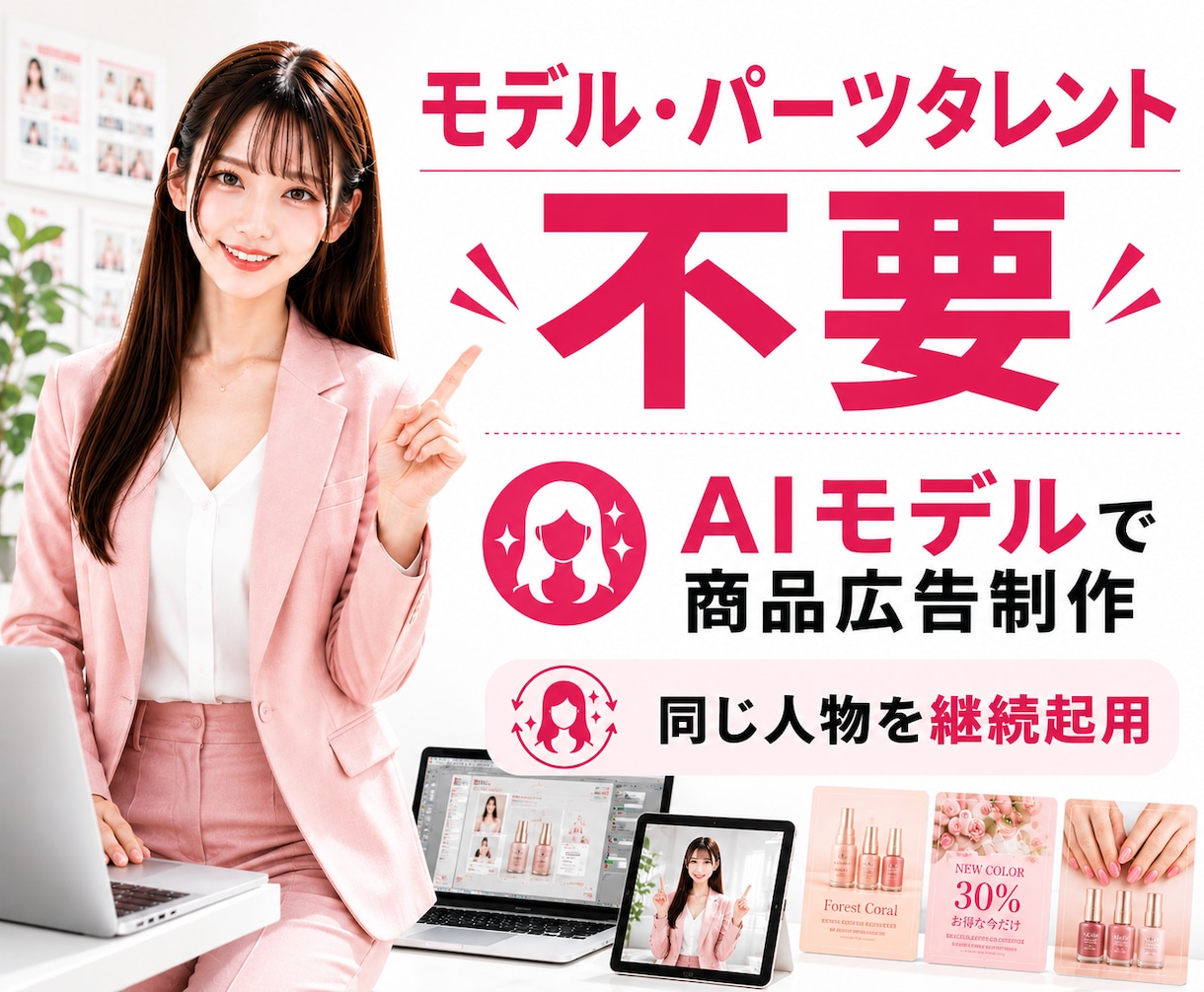モデル撮影不要!AIモデル使用の広告画像を作ります 同じAIモデルを継続使用できるため、ブランドイメージが統一 イメージ1