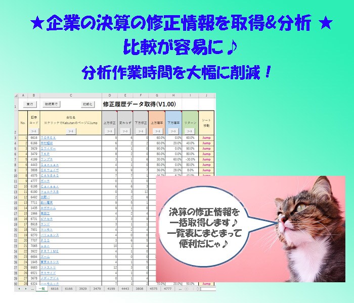 指定銘柄の決算の修正情報を取得し、一覧表にします データ収集・分析作業の効率化に貢献します♪ イメージ1