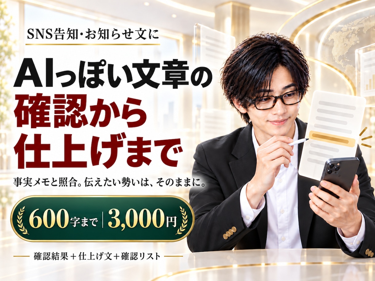 AIっぽい文章を確認から仕上げまで整えます 事実メモと照合。伝えたい勢いは、そのままに イメージ1
