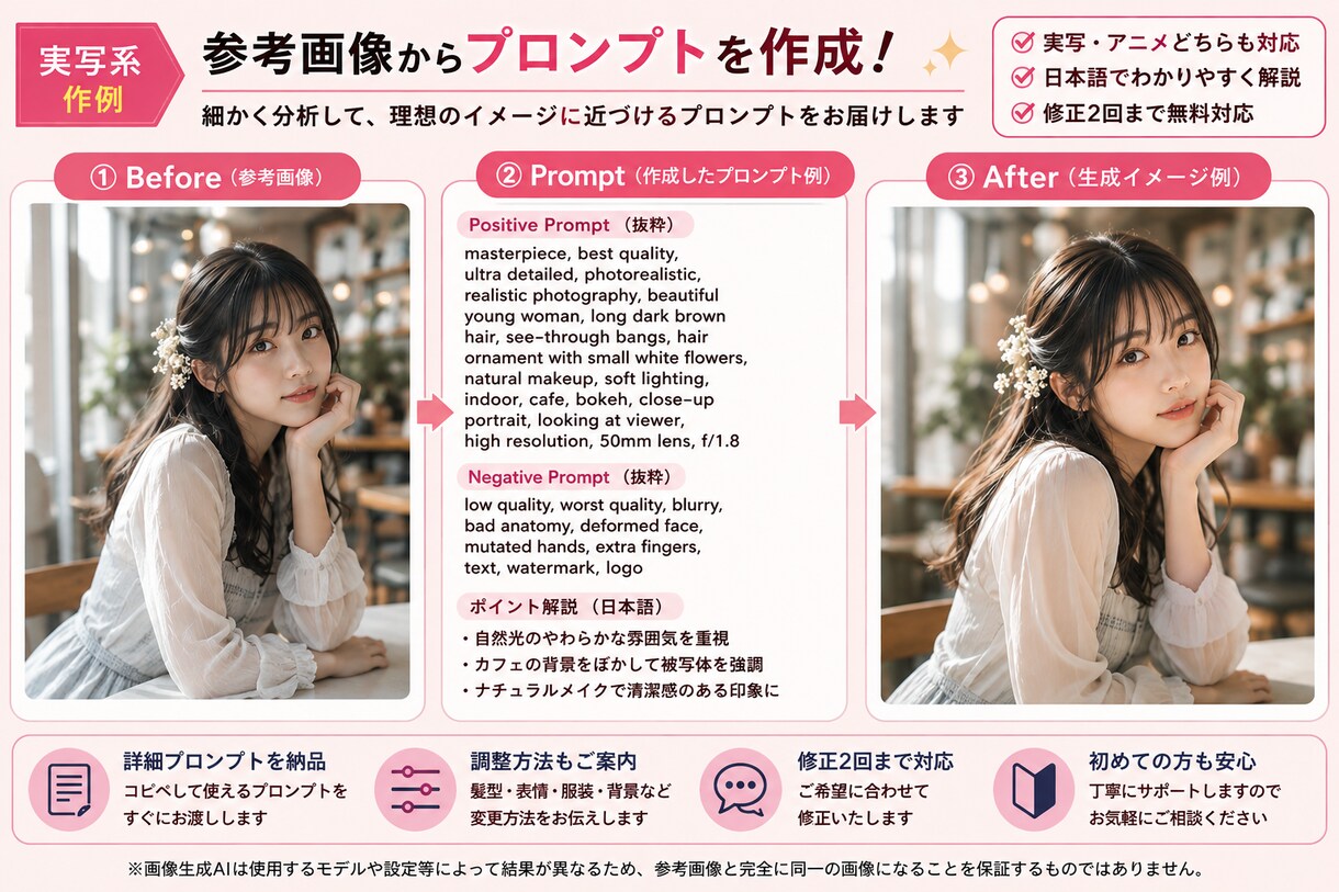 参考画像からAI画像生成プロンプトを作成します 参考画像を分析し再現しやすいプロンプトを作成 イメージ2
