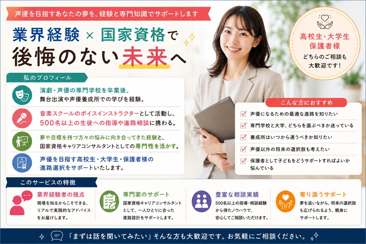 声優志望の方の進路相談します 声優業界経験×キャリアコンサルタント｜進路選択をサポート イメージ4
