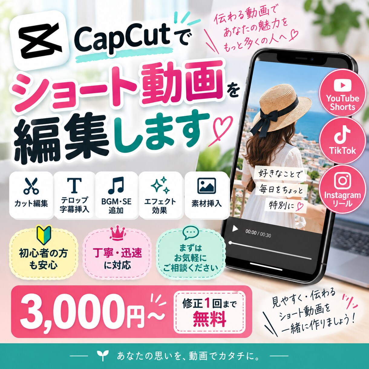 CapCutでショート動画を編集します カット・テロップ・BGMなど丁寧に編集します イメージ1