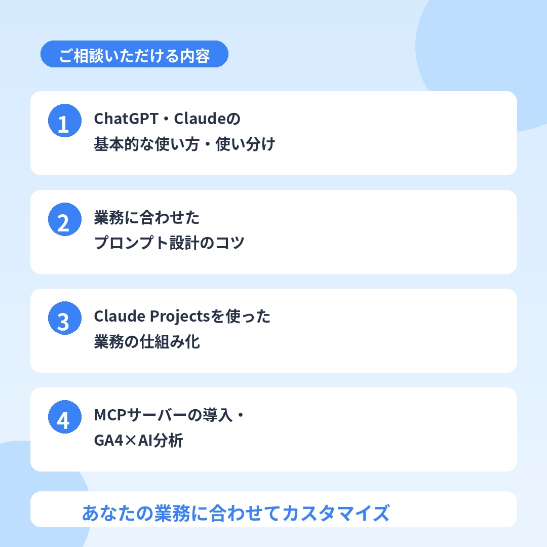 ChatGPT・Claudeの仕事活用法を教えます 非エンジニアの実務経験者が丁寧にサポート イメージ3