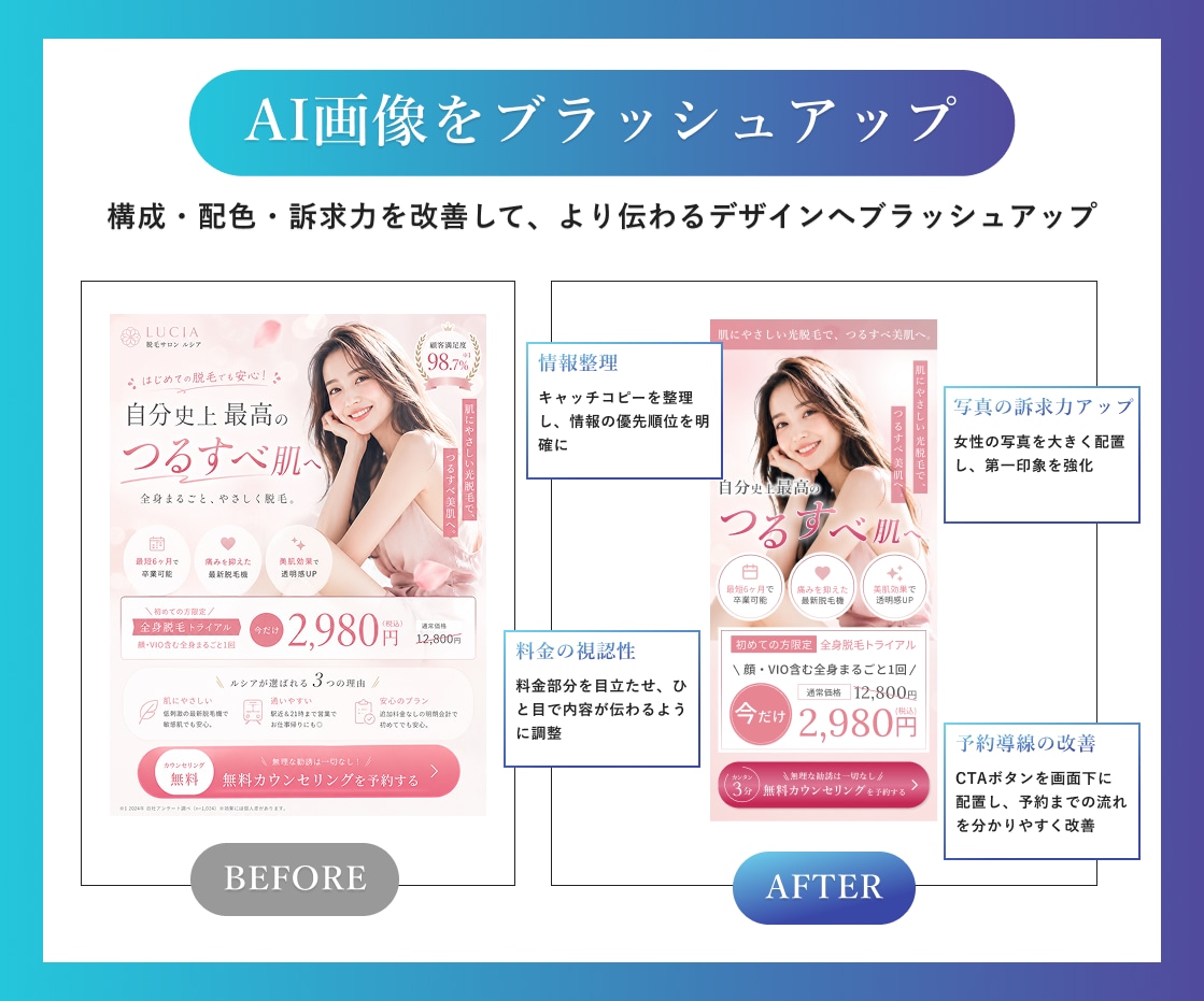 女性向けサービスのSNS広告画像を制作します おしゃれさと訴求力を両立。広告の構成から丁寧にサポートします イメージ6