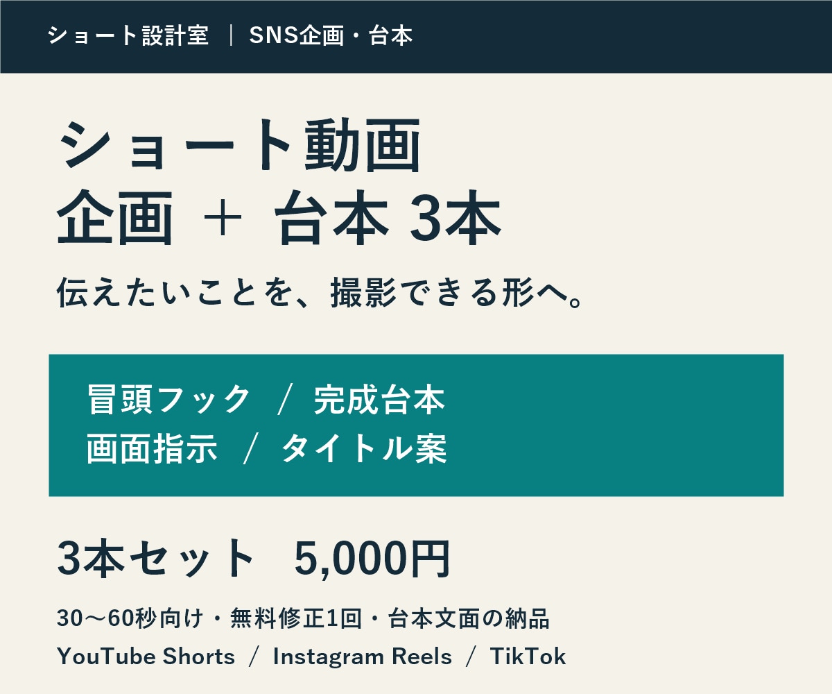 ショート動画の企画と台本を3本まとめて作ります 冒頭フック・画面指示付きで撮影準備をスムーズに イメージ1