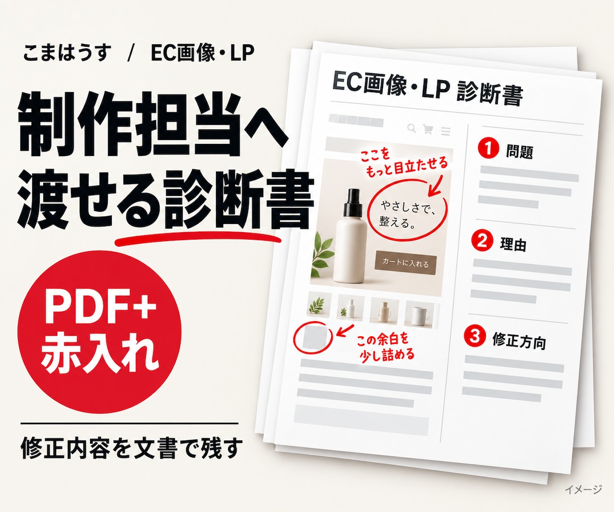 EC画像・LPを赤入れ診断書にまとめます そのまま制作担当者へ渡せる、理由つきの修正指示 イメージ1