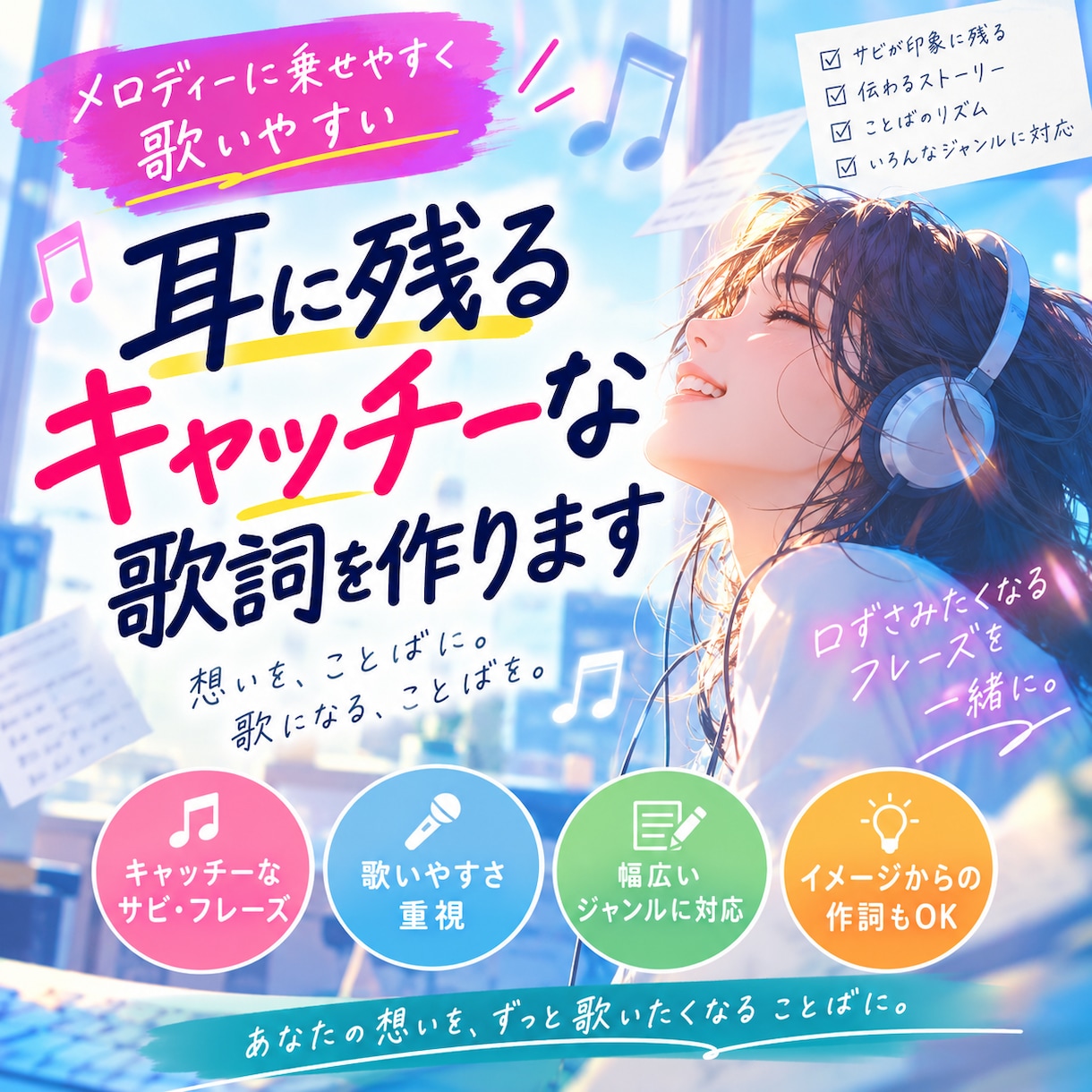 耳に残るキャッチーな歌詞を作ります メロディーに乗せやすく歌いやすい歌詞を作ります イメージ1