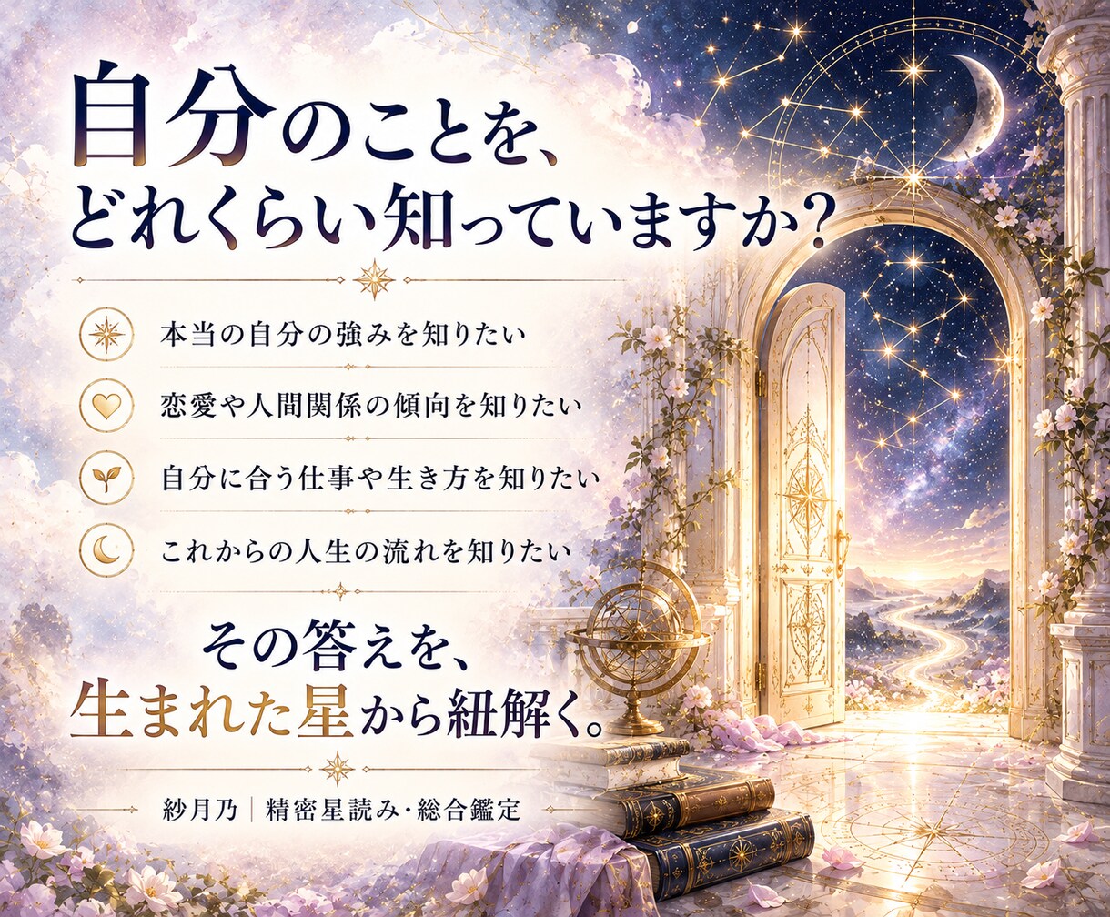 紗月乃式星読みで人生を超精密鑑定します 西洋占星術×四柱推命×インド占星術｜本質才能恋愛仕事運気 イメージ2