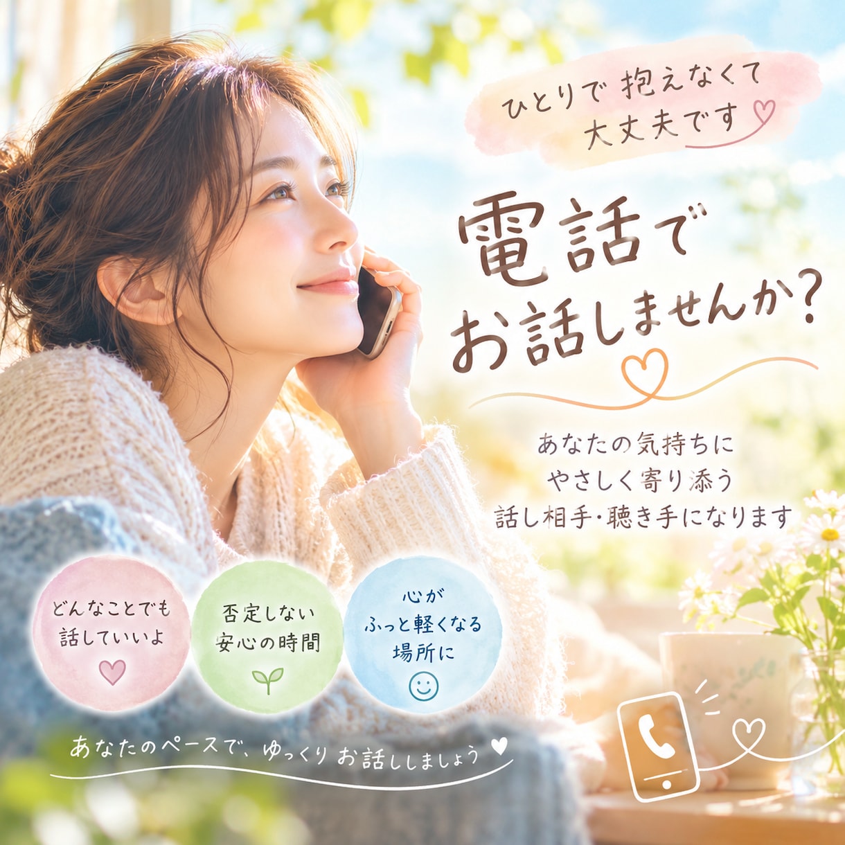 あなた様のお話しをお聴きいたします あなた様のお話しをお聴きいたします。お話し相手になります。 イメージ1