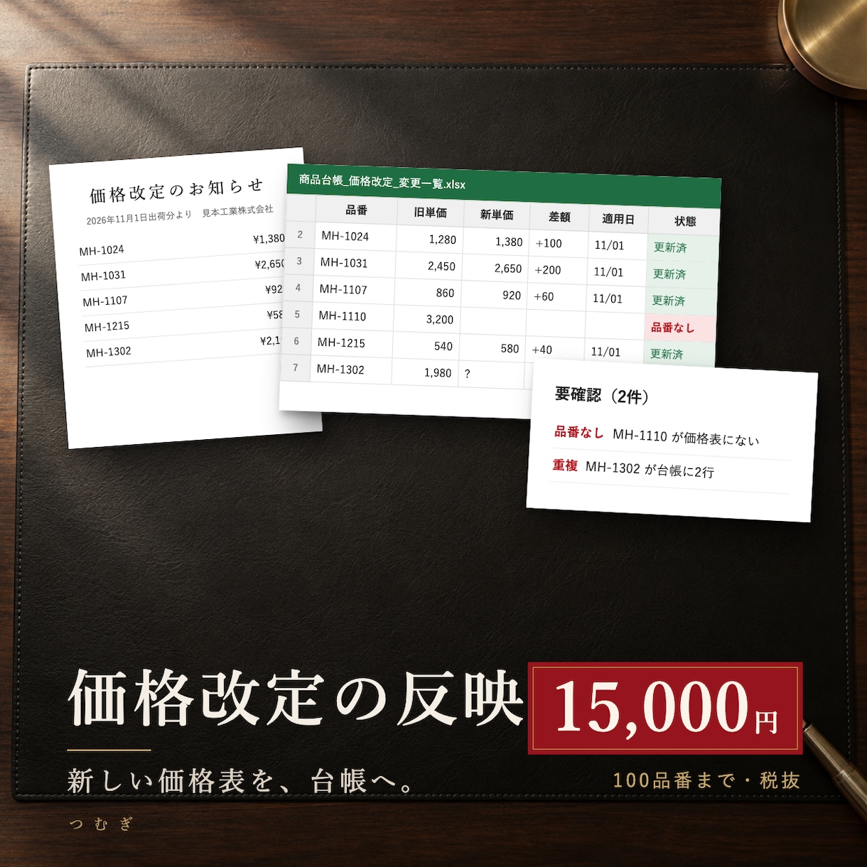 商品台帳の価格改定と品番更新を代行します 1メーカー100品番まで。変更前後と要確認箇所を一覧化 イメージ1