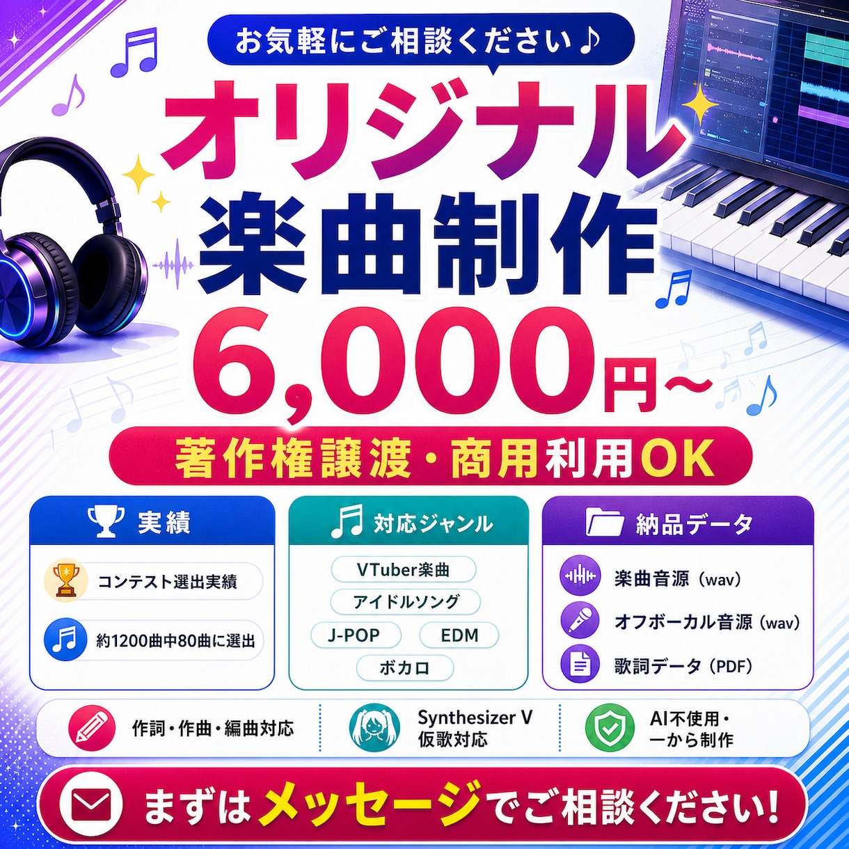 あなただけのオリジナルソング作ります Vtuber、アイドルソング、ポップスなどを承ります。 イメージ1