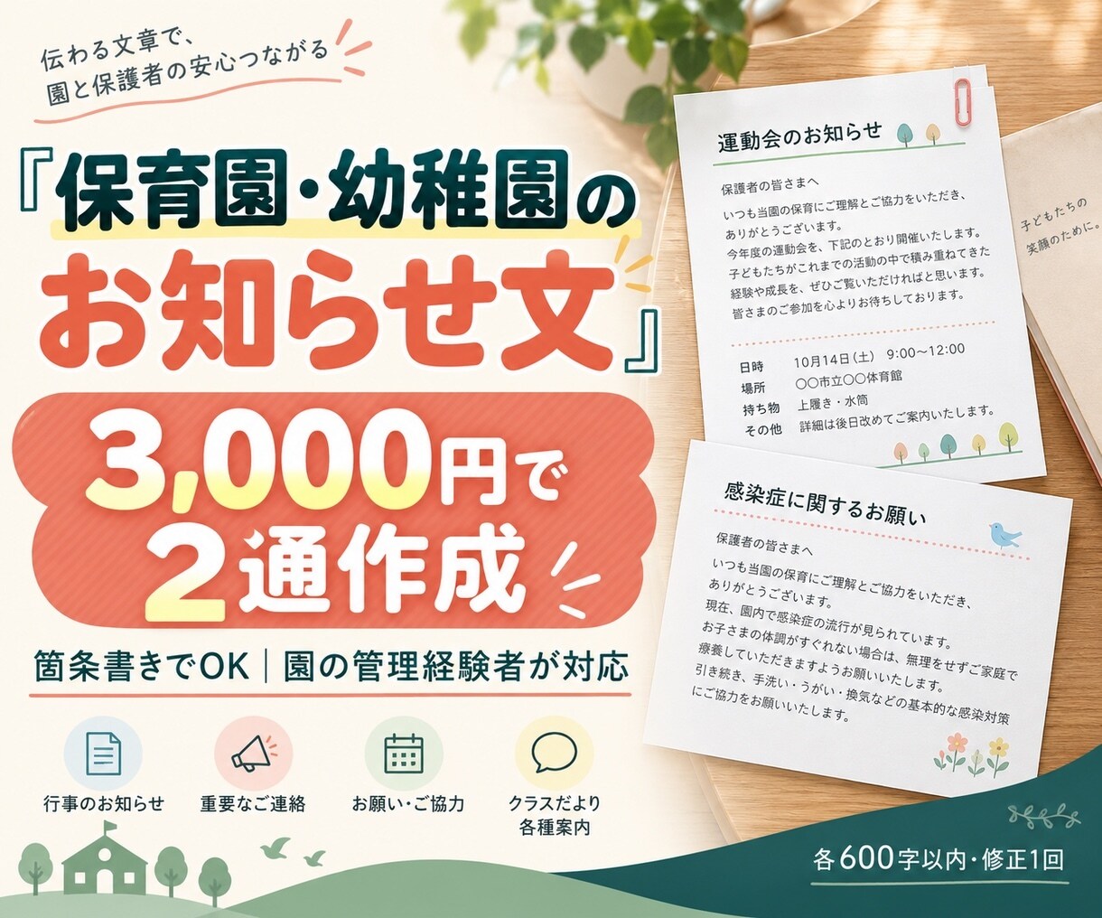 保育園・幼稚園のお知らせ文を2通作成します 箇条書きでOK｜園の管理経験者が丁寧に作成 イメージ1