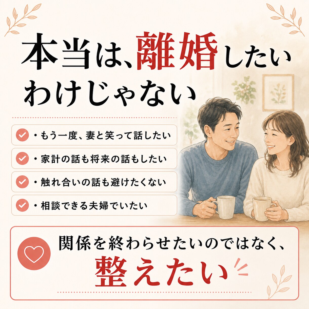 妻との距離｜夫婦関係の相談にのりますキャッチます なぜか冷たい妻との距離。一人で抱え込む前に話しませんか イメージ4