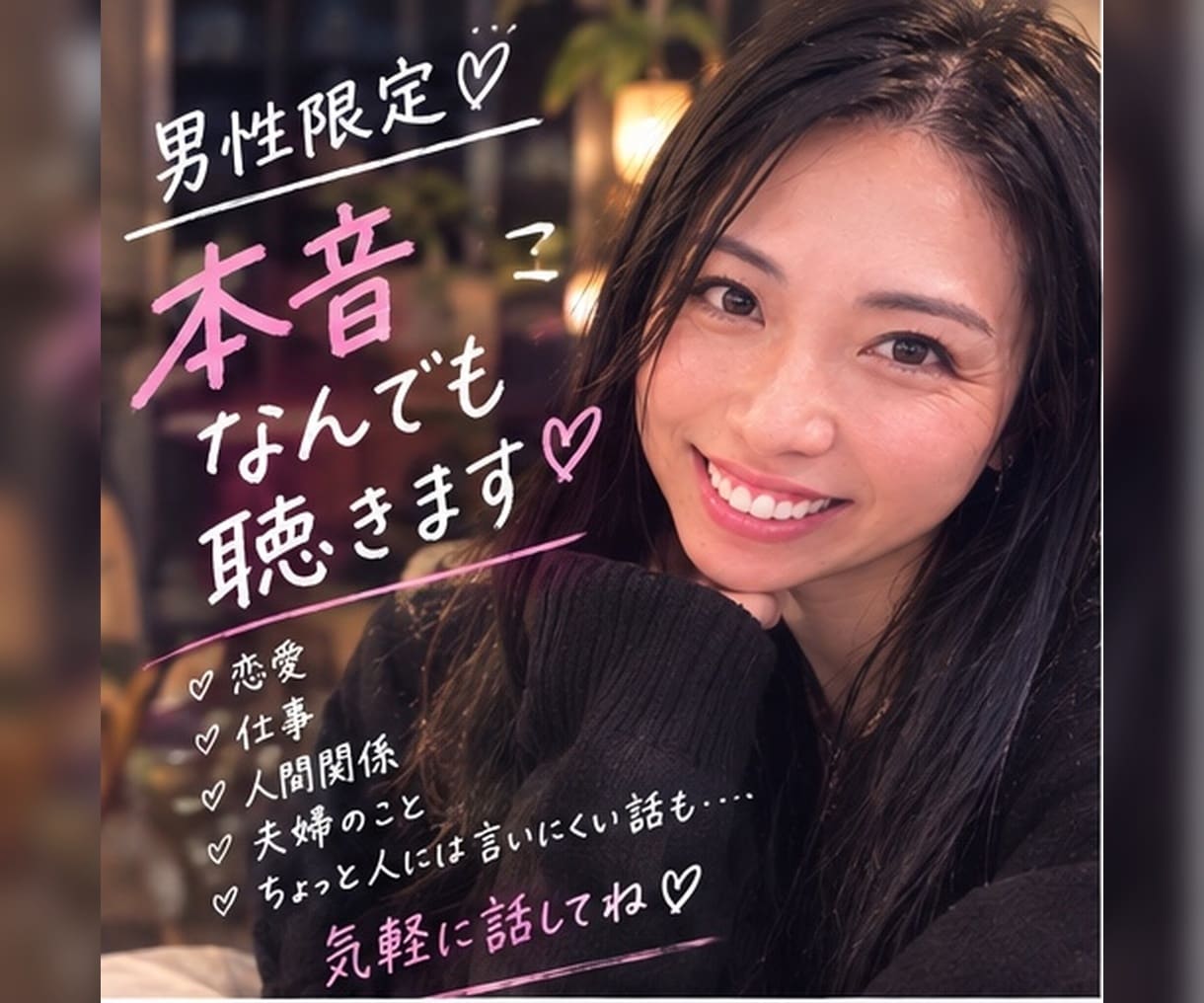 男性限定♡本音、なんでも聴きます 恋愛、人間関係、本音、秘密の話、性の話 イメージ1