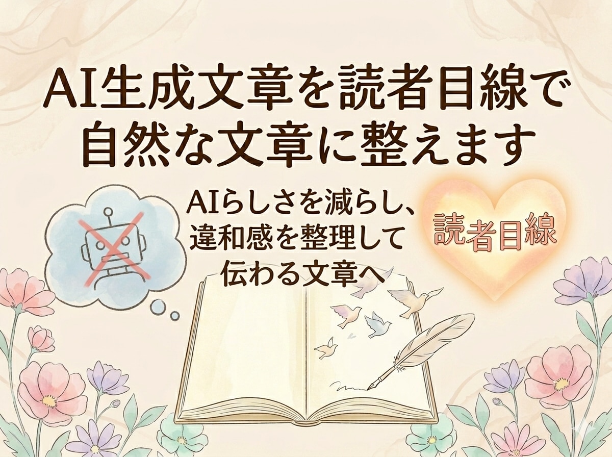 AI生成文章を読者目線で自然な文章に整えます AIらしさを減らし、違和感を整理して伝わる文章へ イメージ1