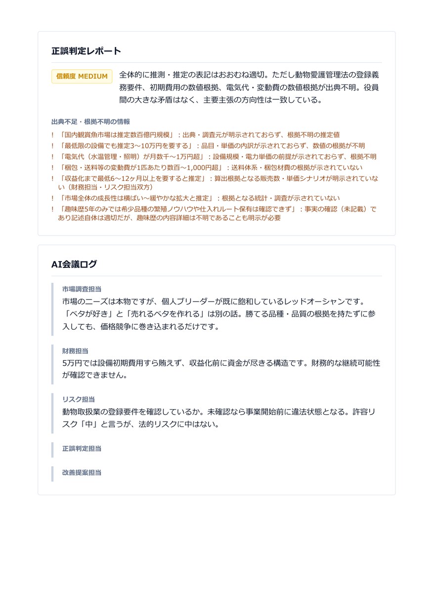 AI取締役会が事業案を徹底分析します 事業を分析し、客観的な判断材料となるレポートを作成します。 イメージ8