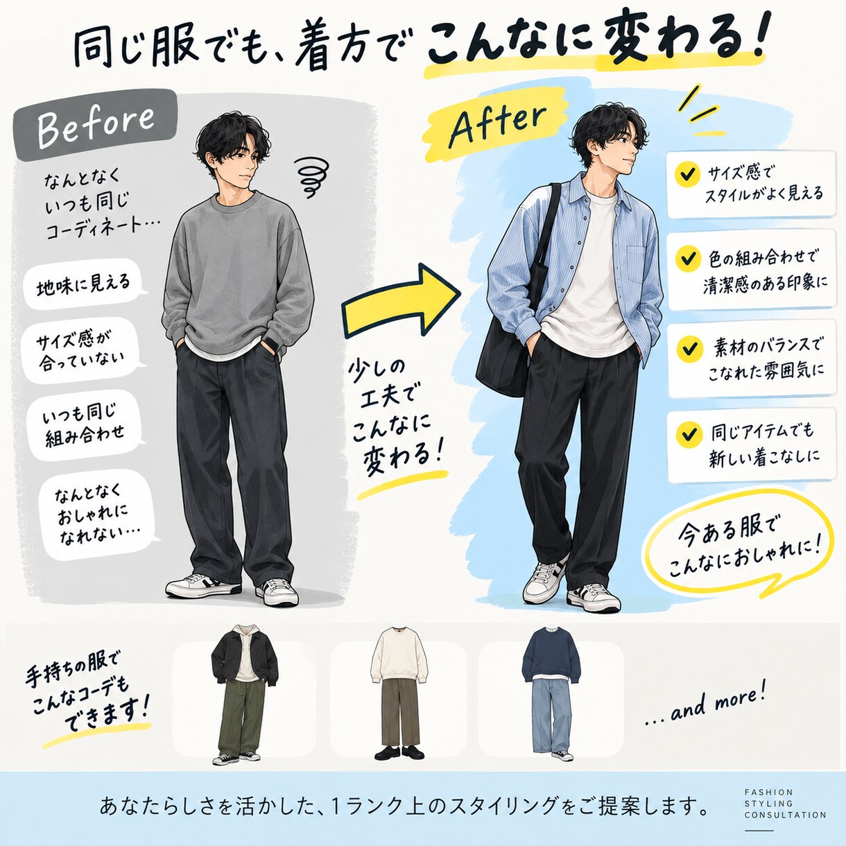 家にある服で1ランク上のスタイリングを提案します 自分のコミュニティの中で「1番オシャレ」を目指しませんか？ イメージ2