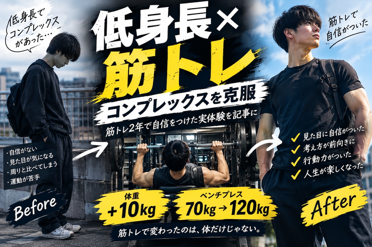 低身長のコンプレックスを筋トレで克服できます 筋トレ2年で自信をつけた実体験を記事に イメージ1