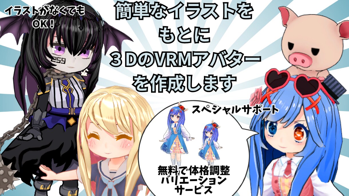 オーダーメイドでオリジナル３Dアバターを作成します 簡単なイラストでOK ! イラストをもとにVRMを作成します イメージ1
