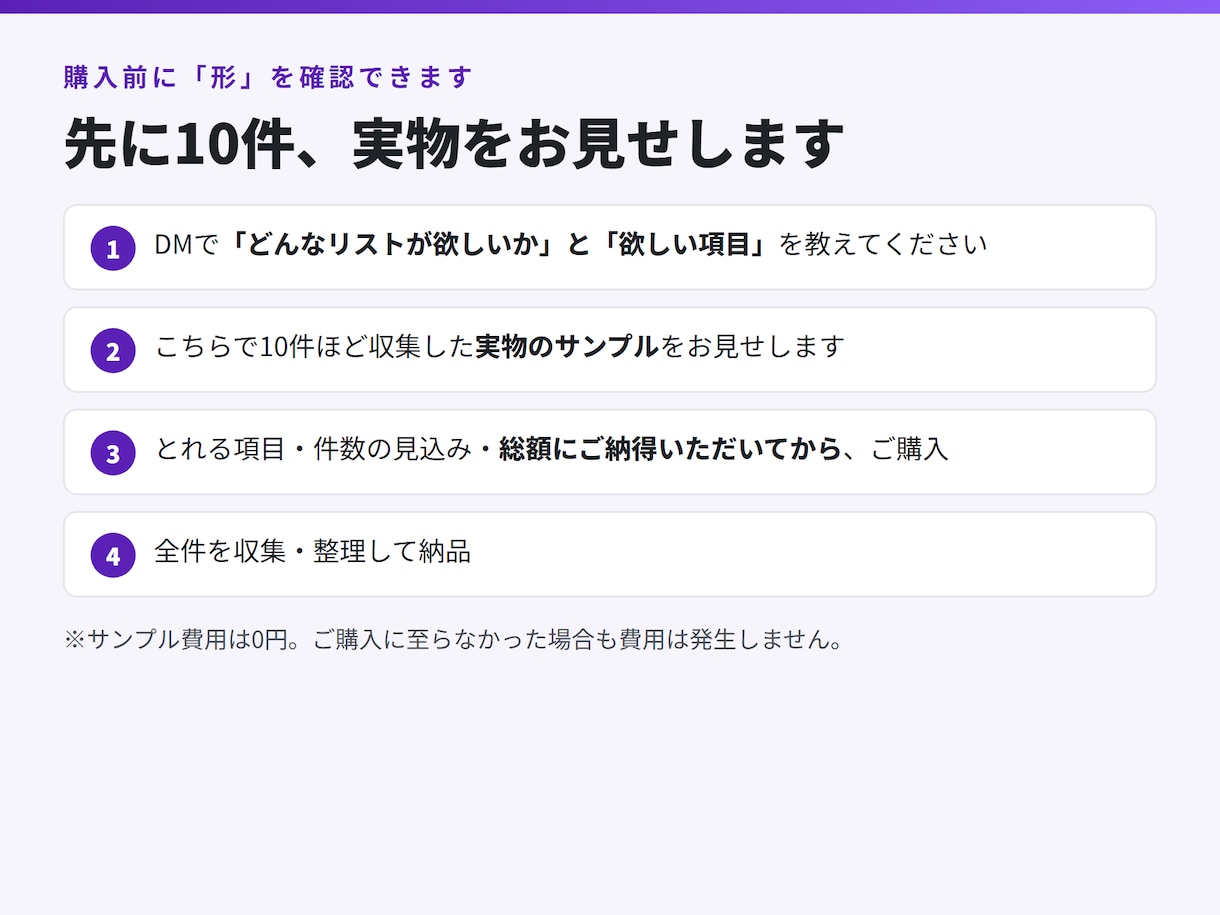 公開情報から営業リスト・事業者リストを作成します 件数と項目を先に確認。無料サンプル10件つき イメージ5
