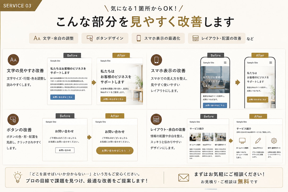 既存HP・LPの気になる1箇所を見やすく改善します 文字・余白・ボタン・スマホ表示など部分修正に対応 イメージ3