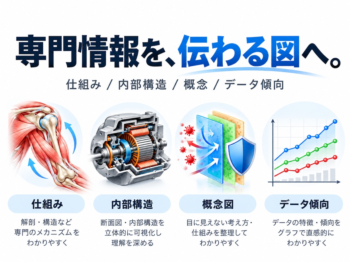 参考画像・資料・ラフから 伝わる説明図を作成します 複雑な内容を、用途に合った見やすい図へ整理します イメージ1