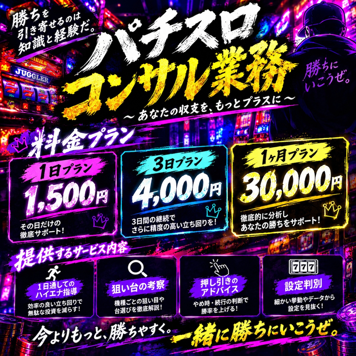 パチスロのコンサルを格安でします ハイエナ指導、設定判別、狙い台の考察などお任せください イメージ2