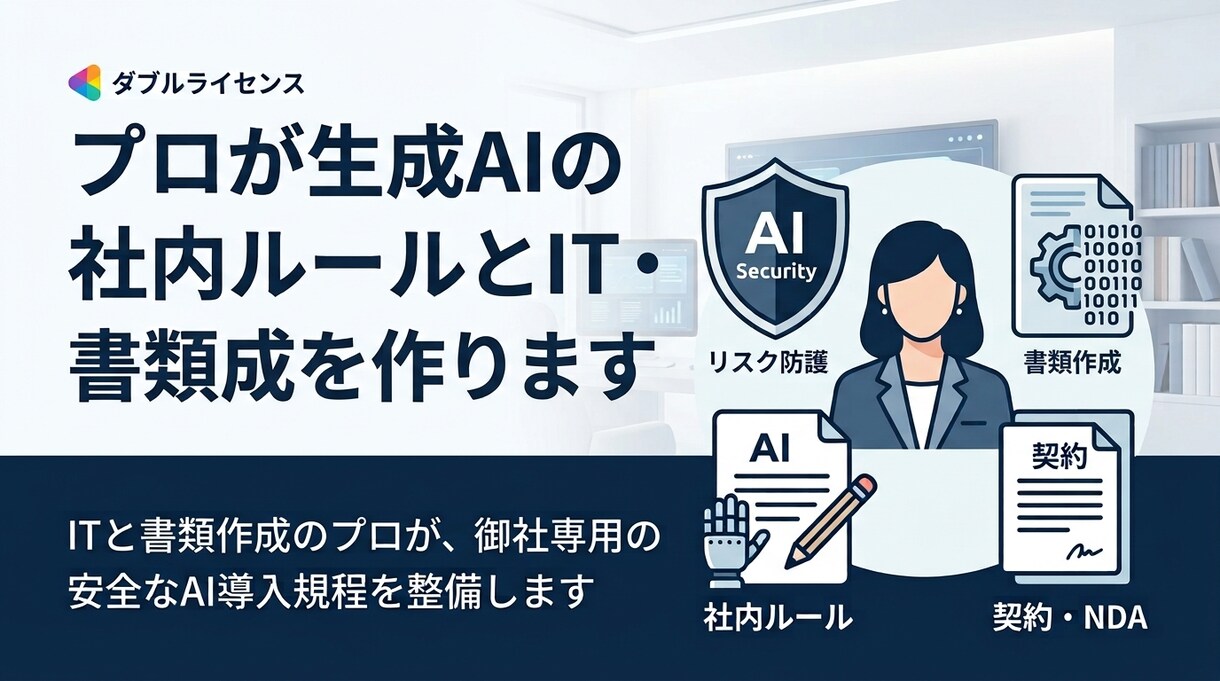 プロが生成AIの社内ルールと契約書を作ります ITと法務のプロが、御社専用の安全なAI導入規程を整備します イメージ1