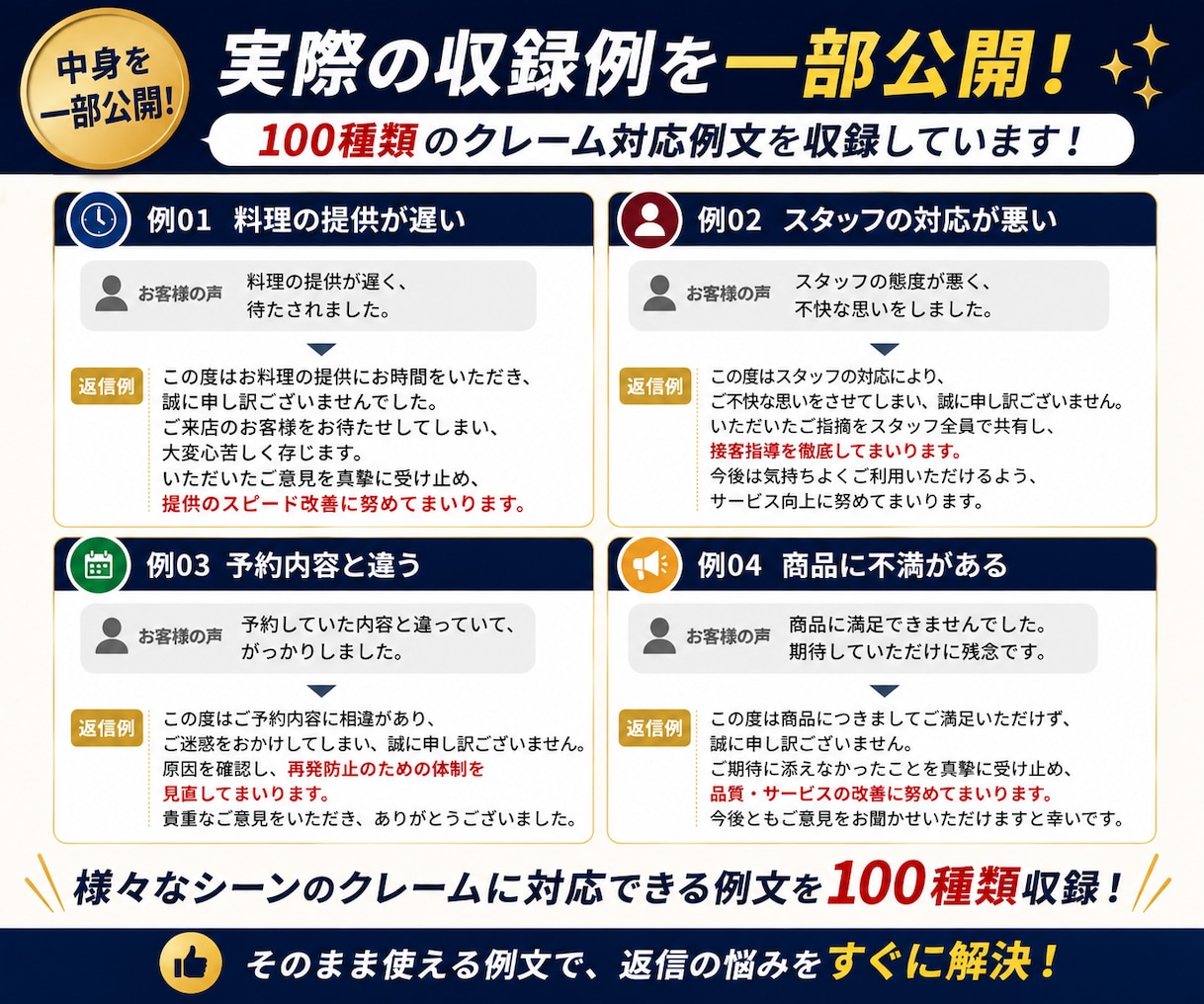 店舗向けクレーム返信文100例をコピペできます 謝罪・返金・理不尽要求までコピペで対応 イメージ4