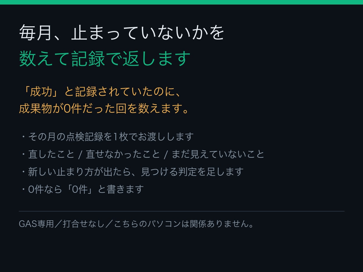 知らないうちにGASが止まる事故を防ぎます 毎月監視し、異常があれば原因を特定して再発防止まで提案します イメージ1