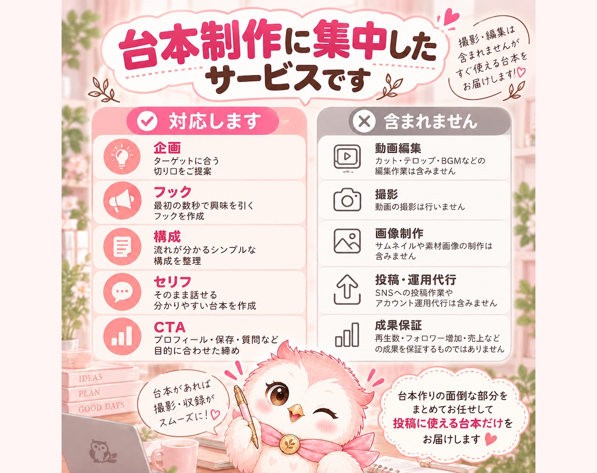 リール・ショート動画の台本を5本作成します 企画・フック・構成・セリフ・CTAまでまとめて作ります イメージ4