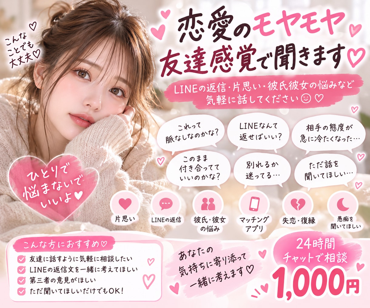 恋愛のモヤモヤを友達感覚でききます LINEの返信から恋のモヤモヤまで一緒に考えます イメージ1