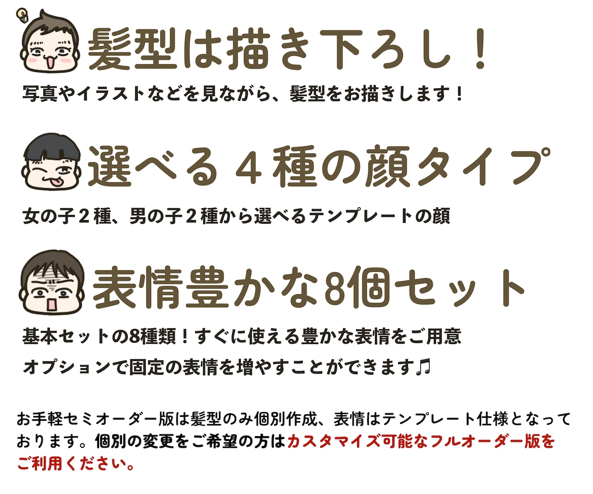 顔テンプレ×オーダーの髪型！LINE絵文字描きます テンプレ表情×髪は描き下ろし＝LINEにがおえもじ8個 イメージ2