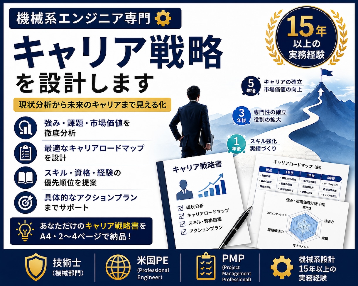 機械系エンジニアのキャリア戦略を一緒に設計します 15年以上の設計経験をもとに次の一歩を見える化します イメージ1