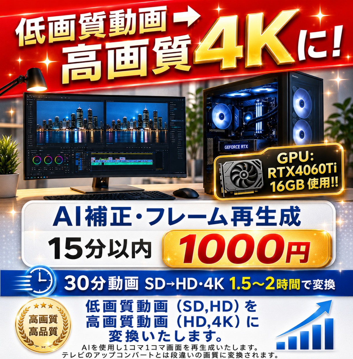 動画変換！高画質動画　FHD,４Kに変換致します AI補正で最高画質に変換！！！ イメージ1