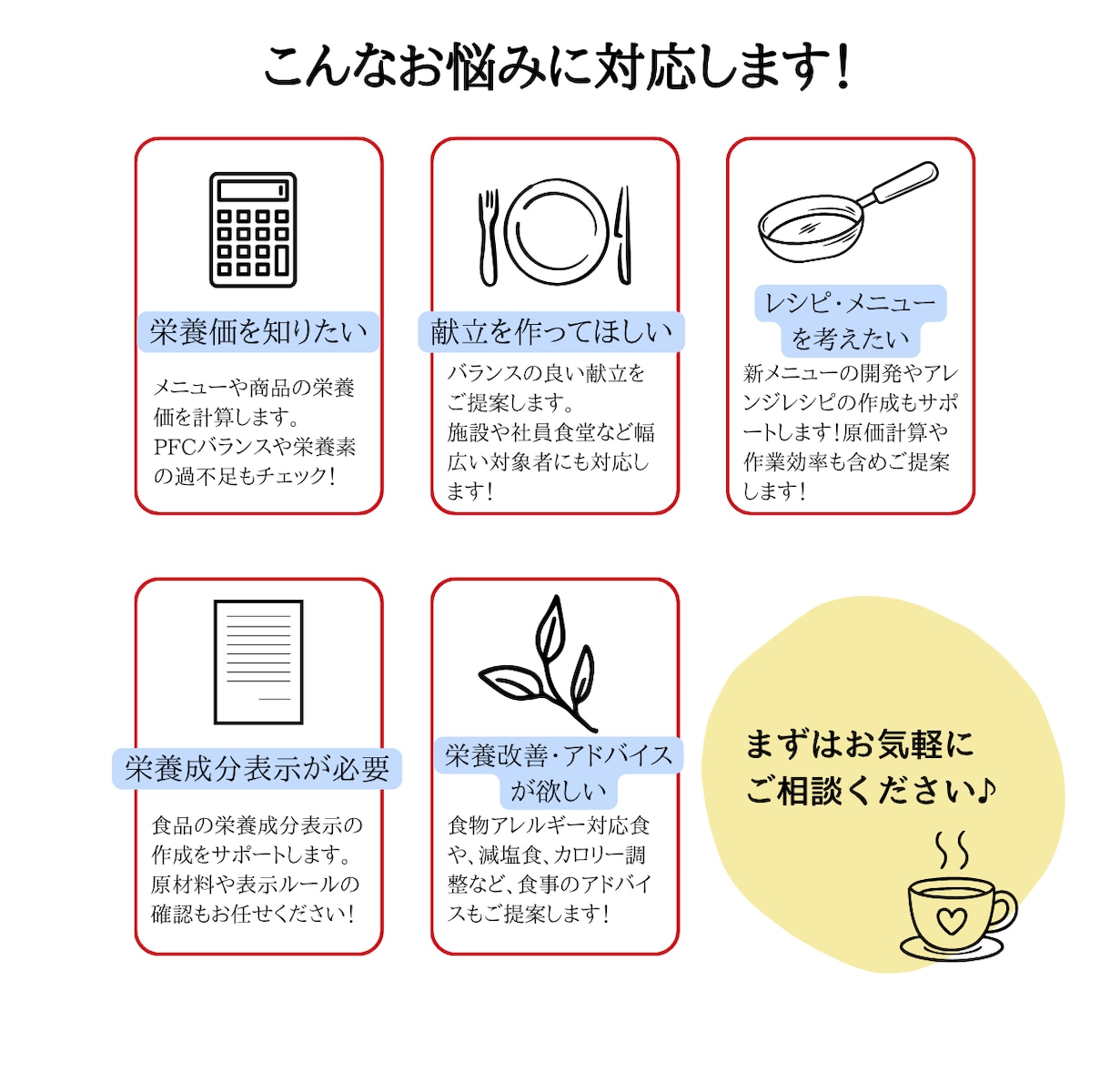 管理栄養士がお悩みに沿った献立を作成します ご家庭から飲食店・施設まで様々なシチュエーションに対応！ イメージ1