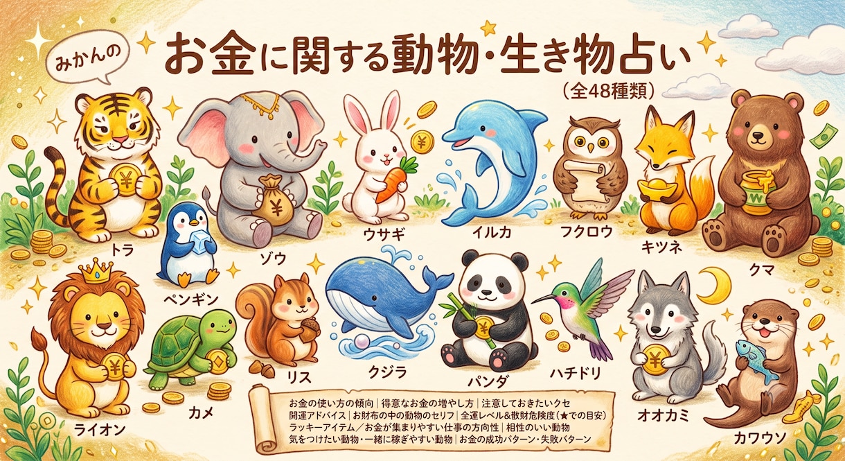 お金の本能がわかる♪あなたのお金の使い方占いをます あなたのお金の本能を動物や生き物にたとえて診断します イメージ1