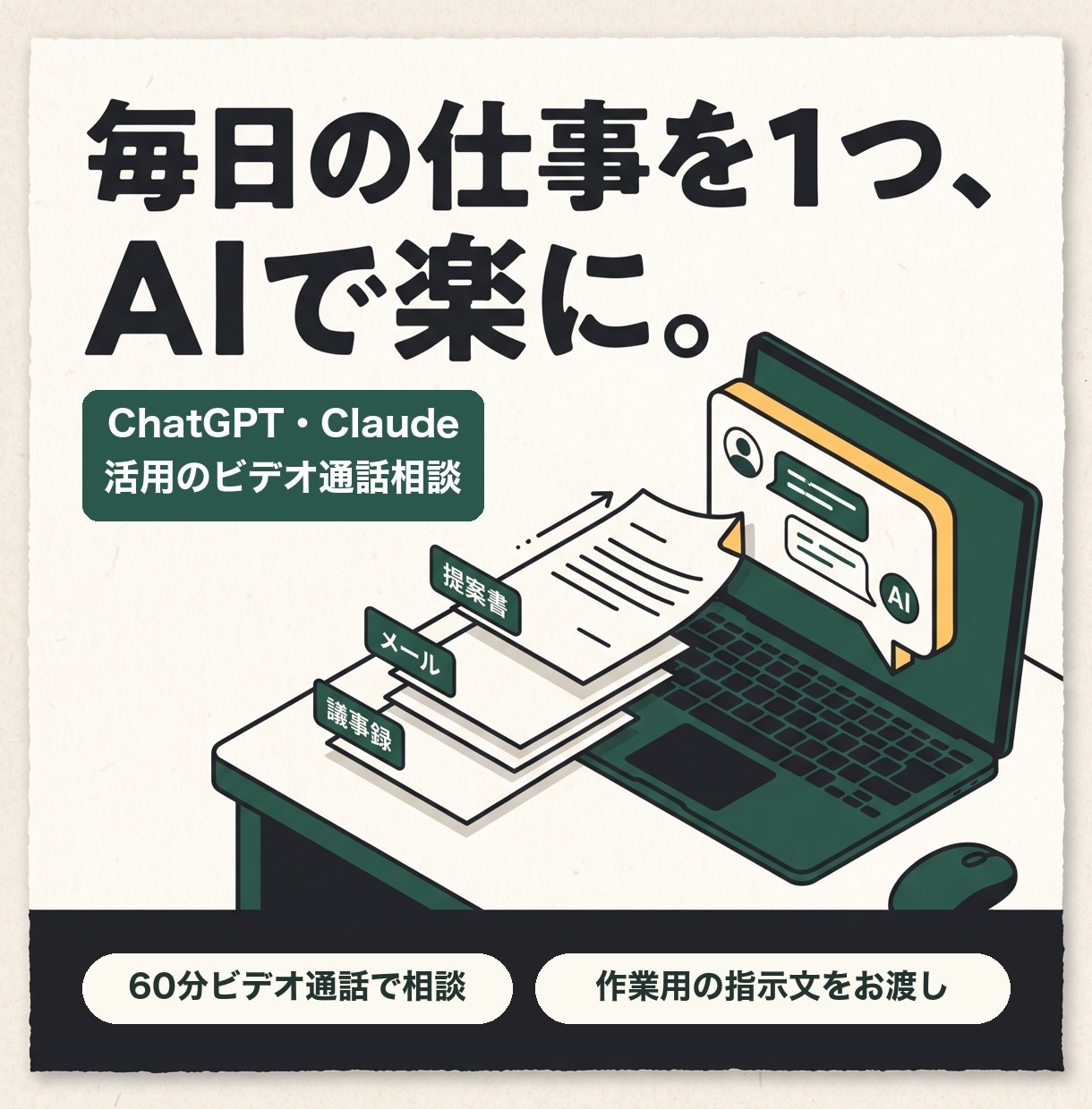 AIの使いどころを60分の通話で一緒に探します ChatGPT・Claudeで任せる作業を2〜3個挙げます イメージ1