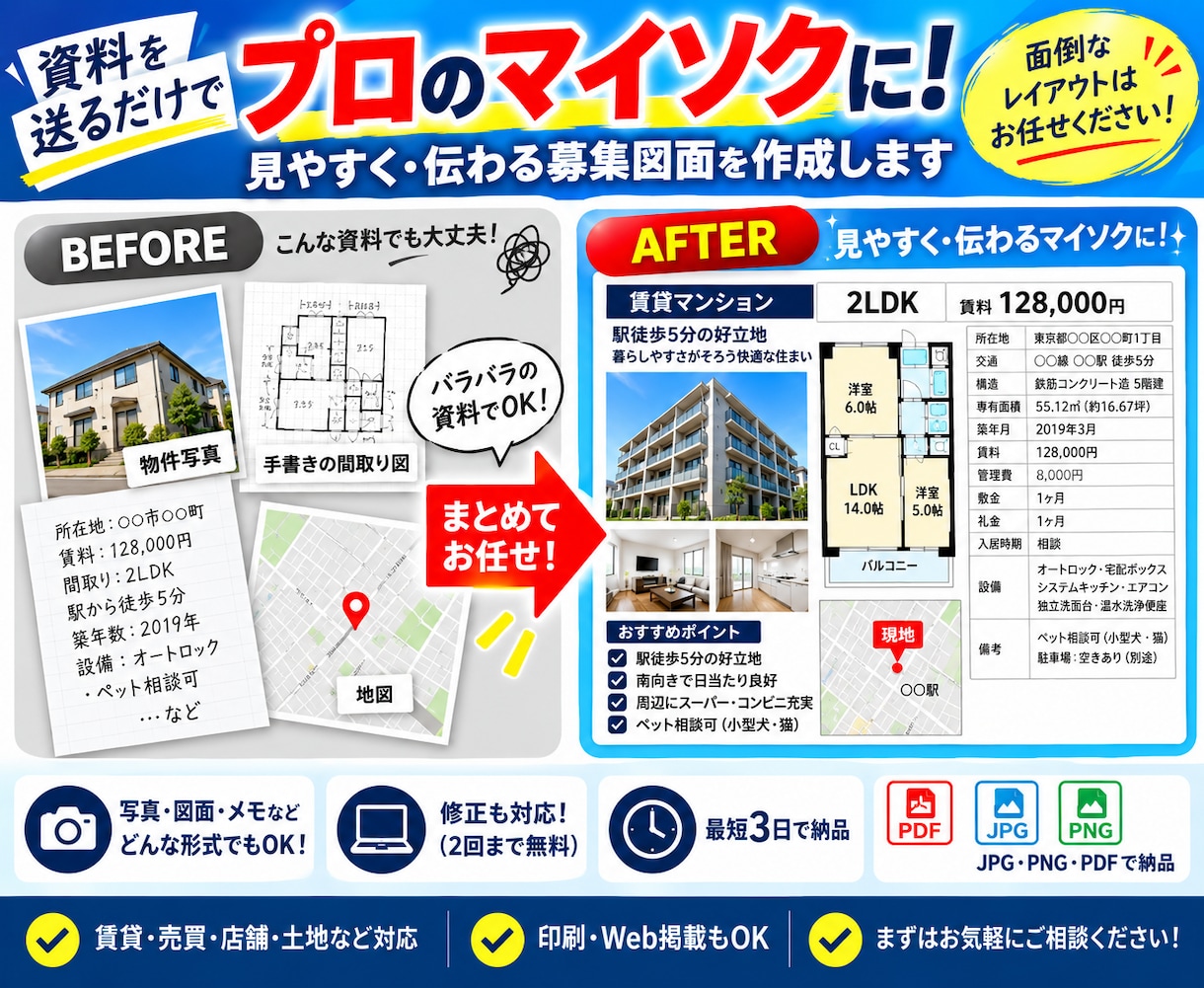 不動産の募集図面・マイソクを１枚５千円で作成します 見やすく目立つ募集図面で集客をサポート! イメージ2