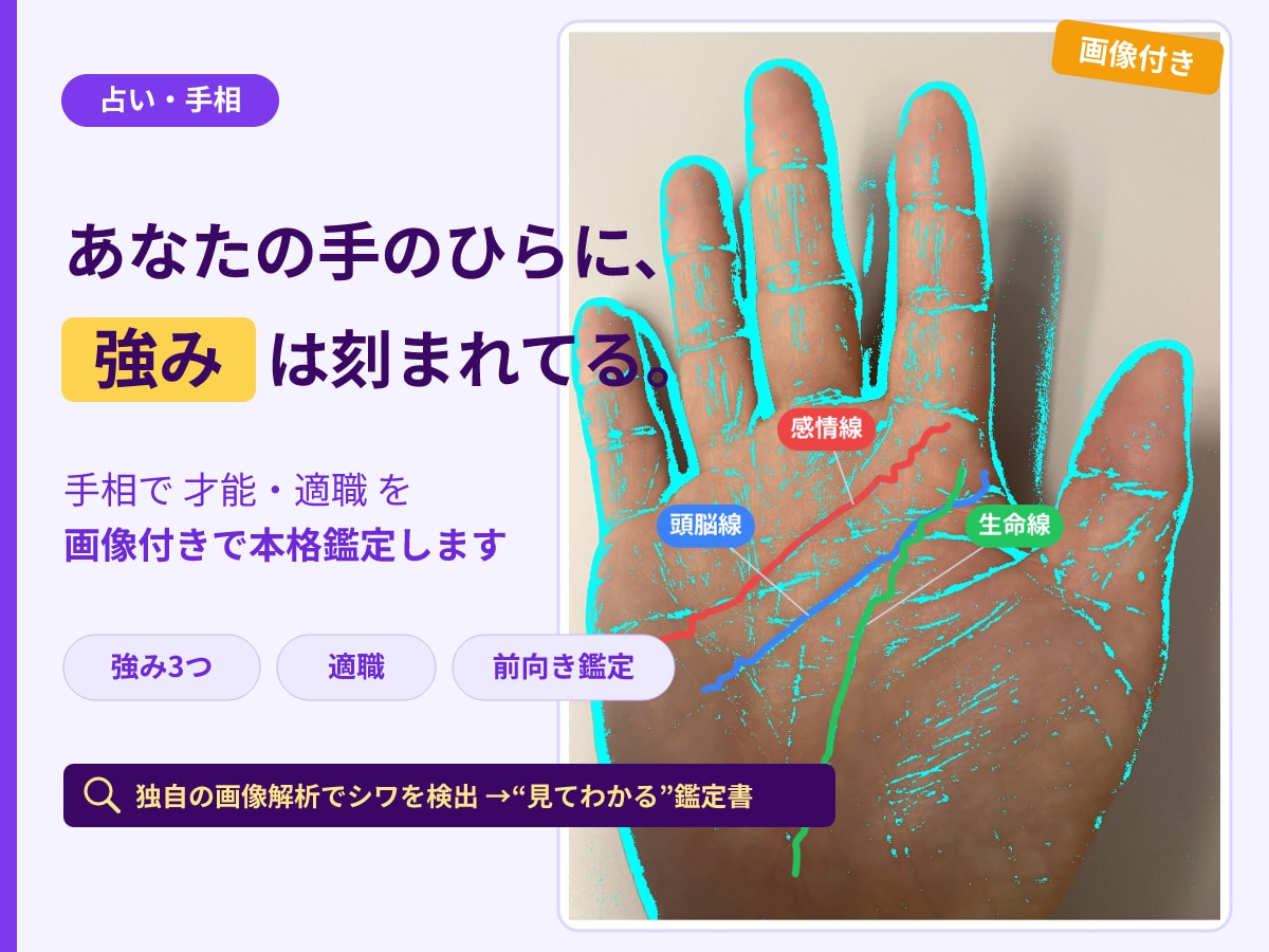 手相で強み3つと適職を3日以内に鑑定します 写真1枚でOK｜線を描いた鑑定書PDF・顔出し通話なし イメージ1
