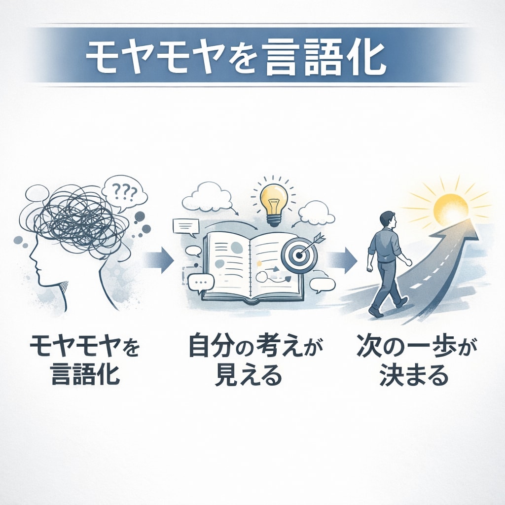モヤモヤを言語化、納得して次を選ぶ1on1をします 自分の考えが見える。次の一歩が決まる。 イメージ1