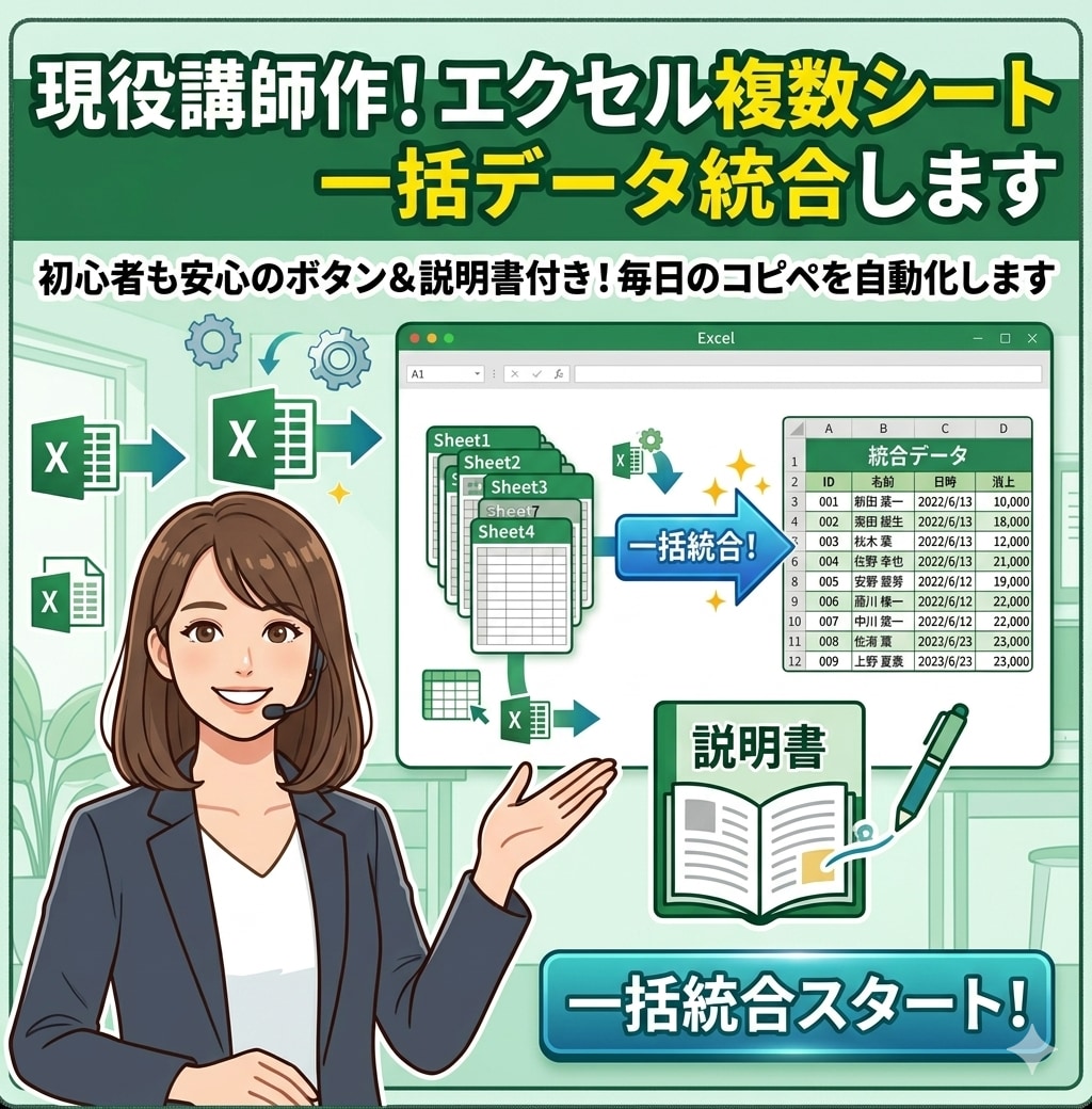 現役講師作！エクセル複数シート一括データ統合します 初心者も安心のボタン＆説明書付き！毎日のコピペを自動化します イメージ1