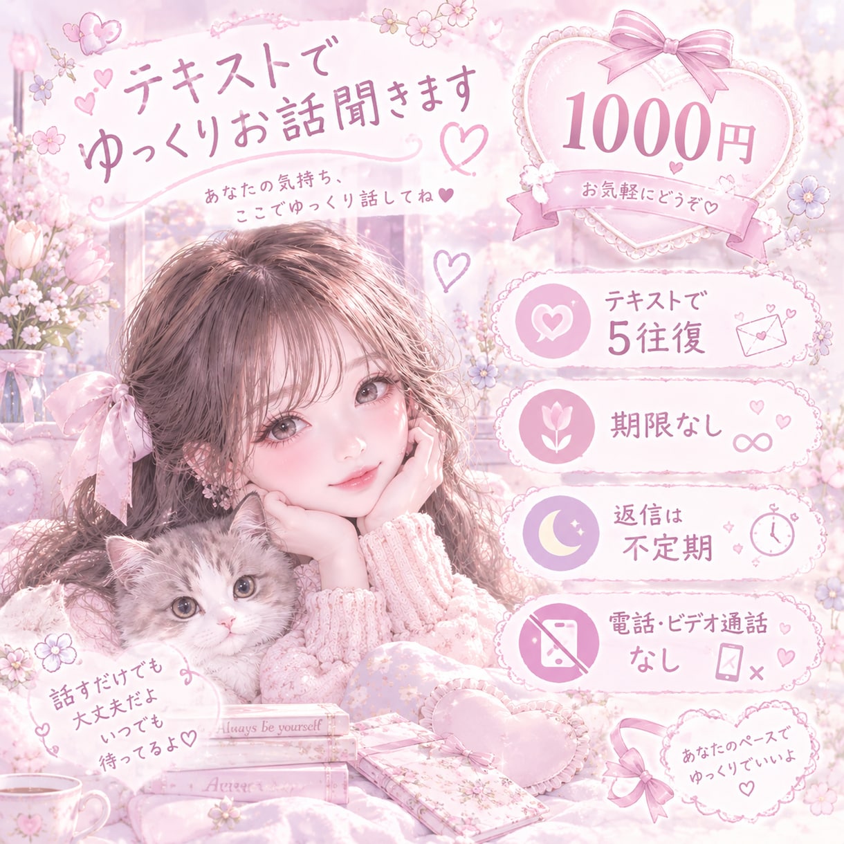 誰かに話したいときにテキストでゆっくりお話聞きます 愚痴も悩みも他愛ないお話もどうぞ〜 イメージ2