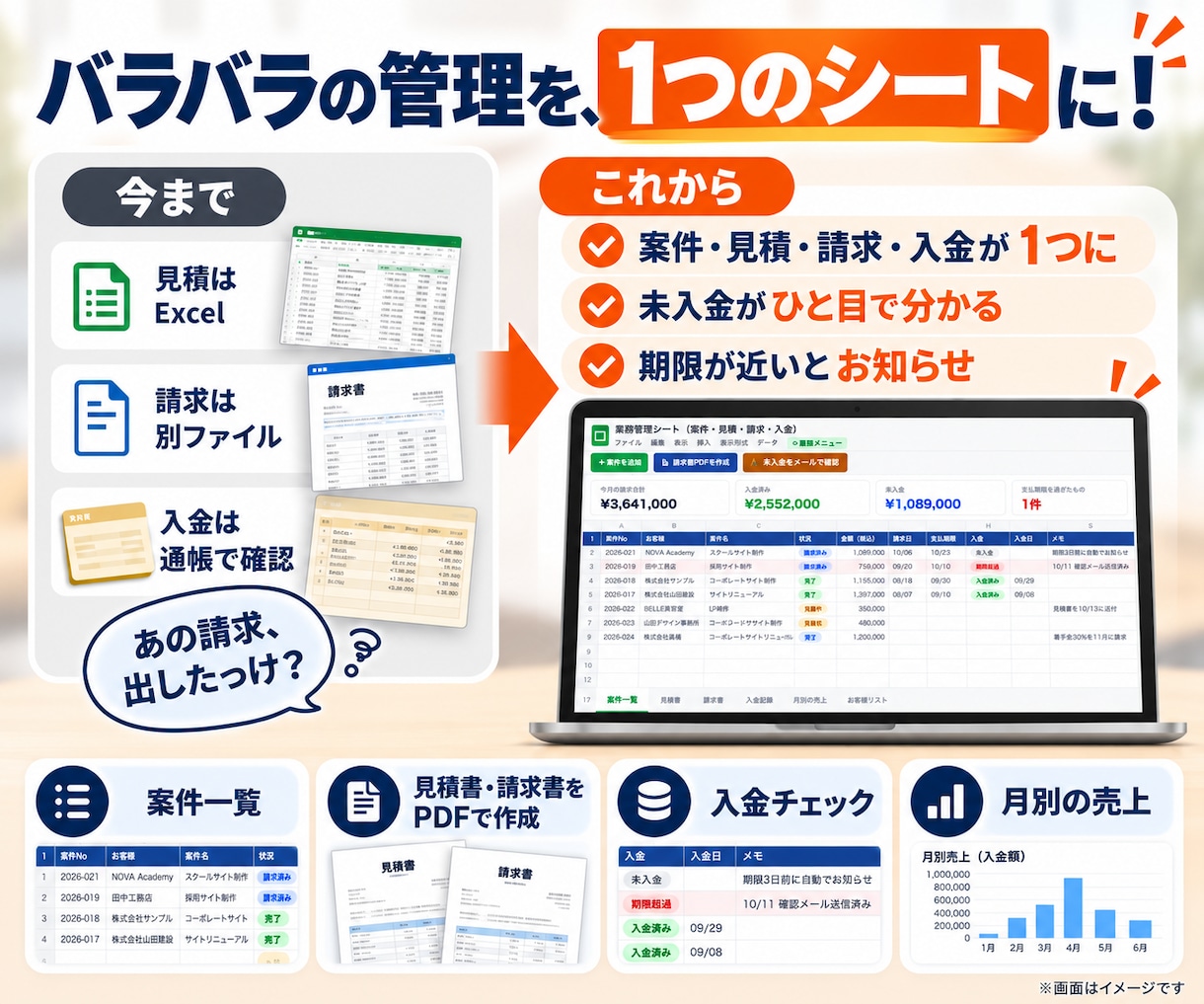 案件・見積・請求・入金を1つのシートで管理します フリーランス・小さな会社向け｜請求漏れを防ぐ｜月額0円 イメージ2