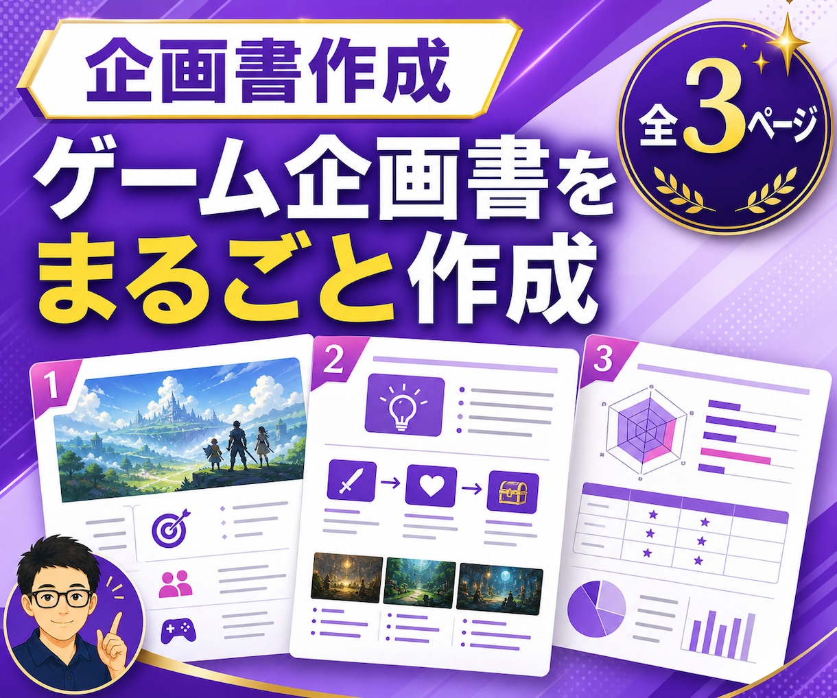 ゲーム企画書を3ページで作成します 初心者・個人開発歓迎｜メモから3ページの企画書へ整理します イメージ1