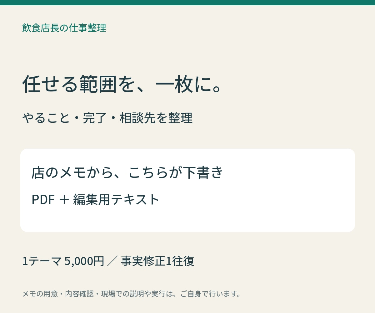 飲食店の仕事を任せる引継ぎカードを作ります 任せる範囲・完了の目安・相談先を一枚に整理 イメージ1
