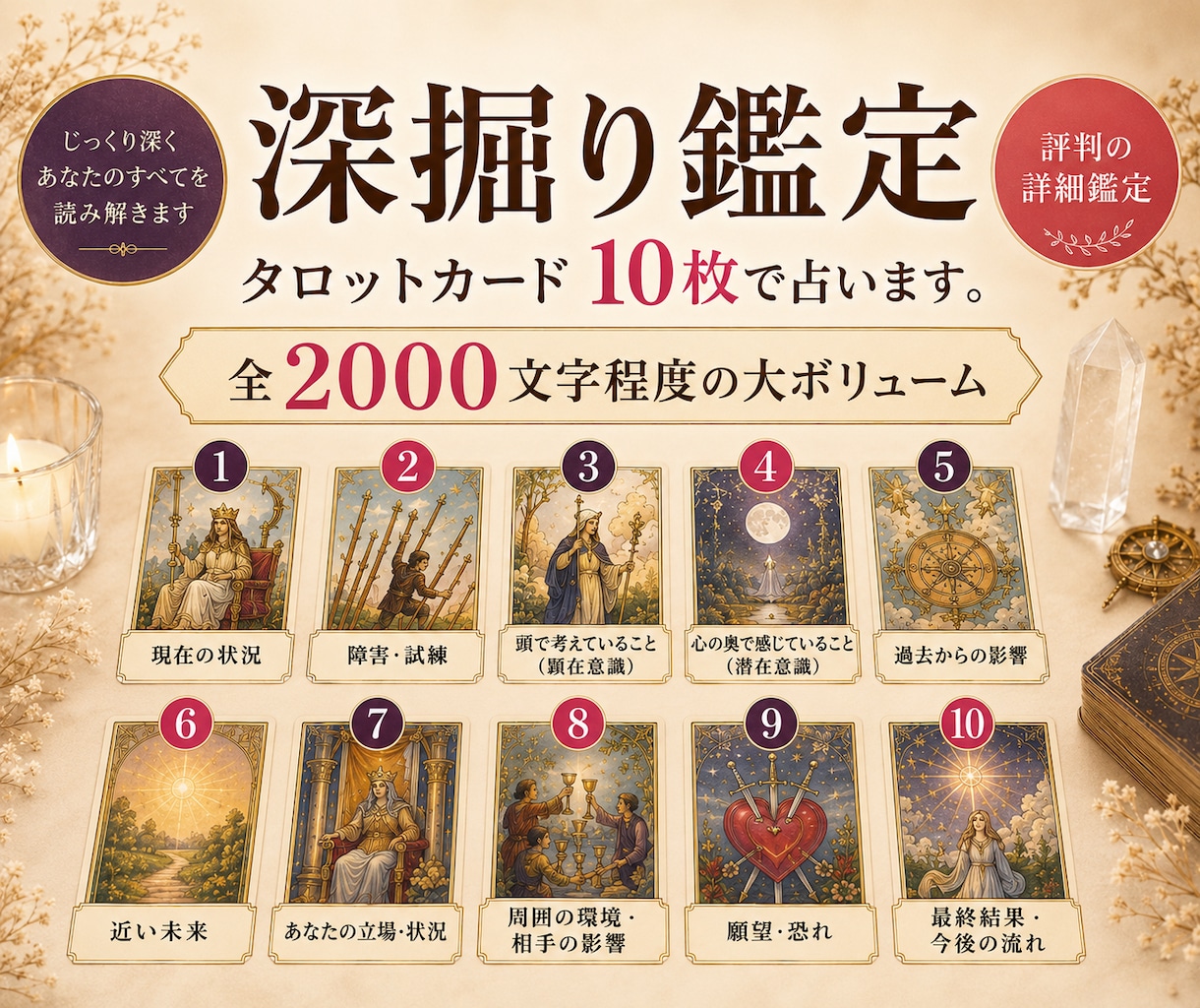 深掘り鑑定！タロットカードを10枚使い占います 全体運・恋愛運・仕事・お金の流れ・出会い・人間関係などを鑑定 イメージ1