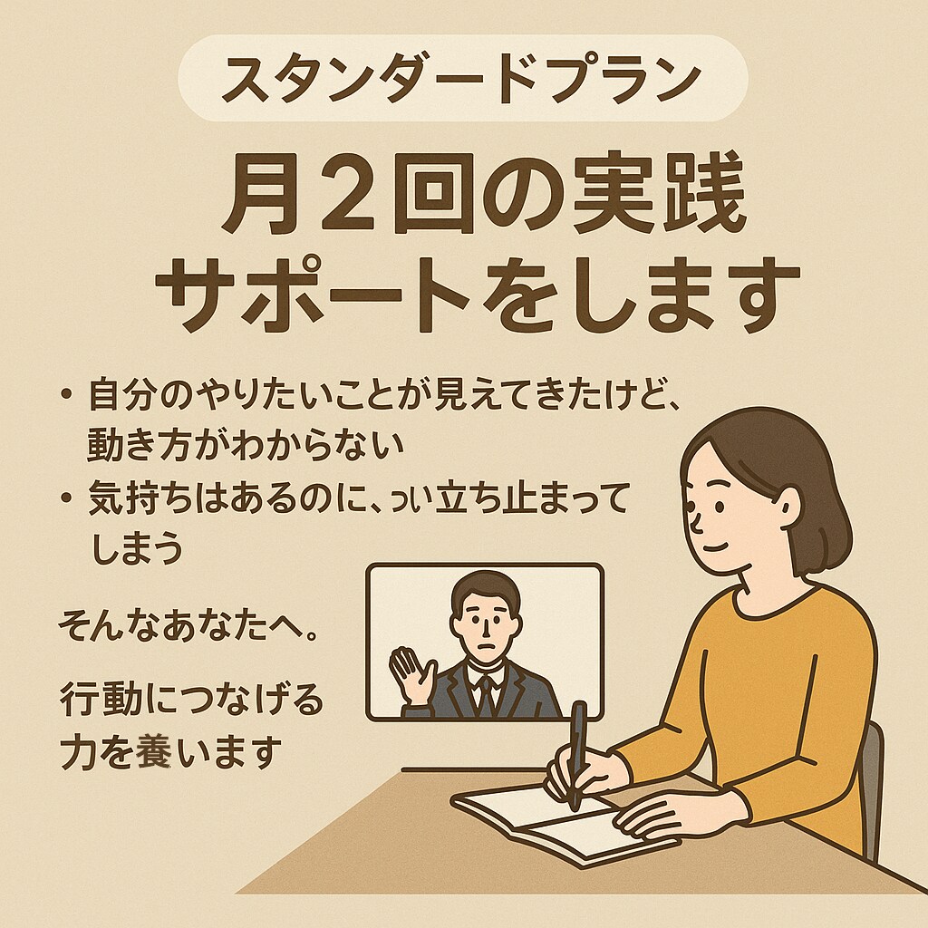 スタンダードプラン:月2回の実践サポートをします 好き・やりたいを小さな行動に変える時間 イメージ1